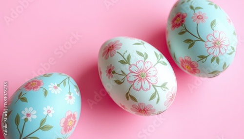 Three Decorated Easter Eggs with Floral Design on a Pink Background