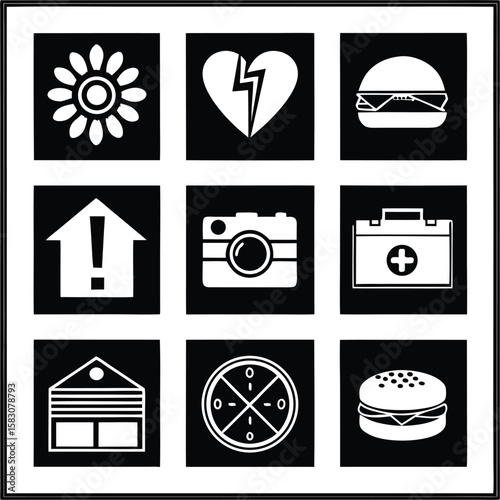 Nine Black and White Icons Set Featuring Flower Heart Camera Burger Warning Sign First Aid Kit