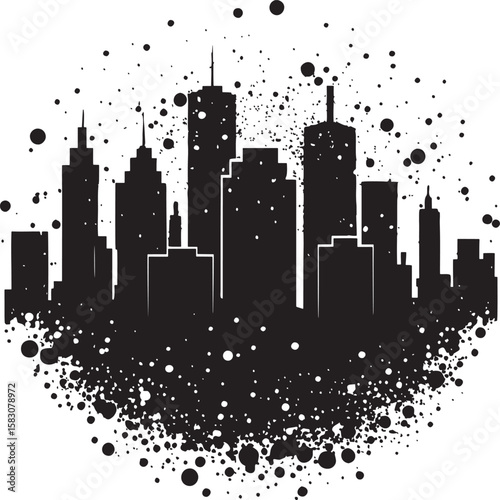 Abstract City Skyline with Paint Splatter - Black and White Vector