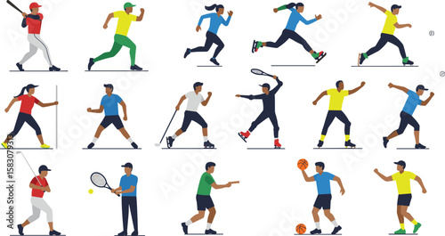 Sports poses cad drawing flat vector illustration, fifteen black silhouettes showing boxing, pole vault, running, tennisSports poses cad drawing flat vector illustration