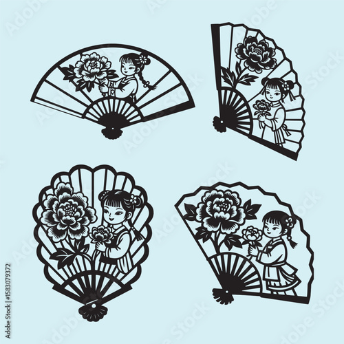 Mandala design black and white hand fan