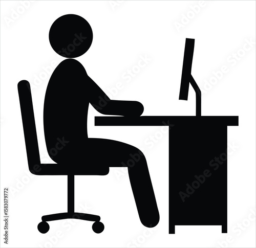 A person seated at a desk, actively using a computer for work or study, isolated on a white background