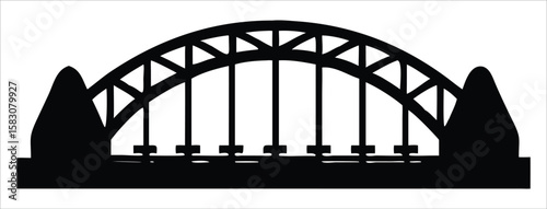 A striking black silhouette of a large arch bridge, showcasing its intricate structural design against a plain white background
