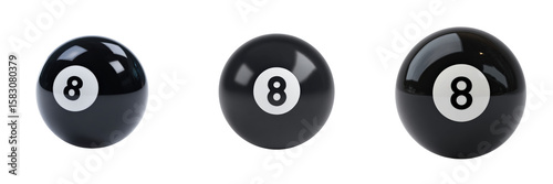 Three black eight balls displayed on a black backdrop with varying surface reflections.