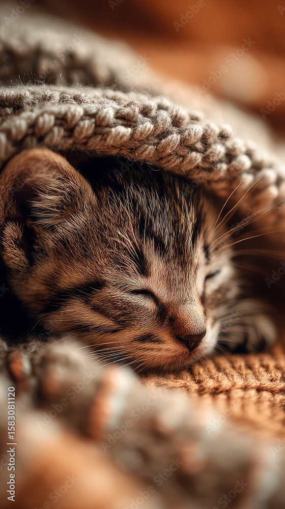 A sleepy kitten slowly crawling out from under a knitted wool blanket, only its tiny nose and paws showing A sleepy kitten slowly crawling out from under a knitted wool blanket, only its tiny nose and paws showing