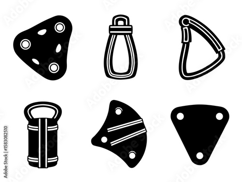 Collection of black and white icons representing climbing and outdoor gear