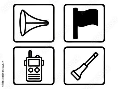 Communication and signaling devices icons horn flag radio and whistle