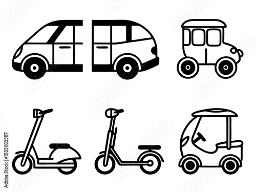 Collection of stylized black and white vehicle icons including a van carriage and scooters