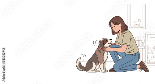  Woman feeding happy dog indoors in colorful illustration