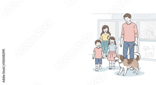 Family adopting dog from shelter in soft colorful illustration