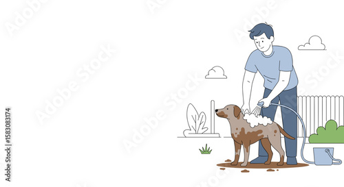  Man washing dog outdoors with hose in simple colorful illustration