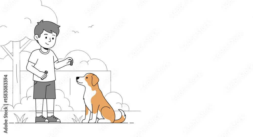 Fototapeta premium Boy training dog with treat outdoors in simple illustration