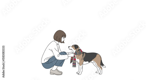 Woman dressing dog with scarf in simple colorful illustration