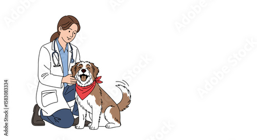  Female veterinarian examining happy dog in colorful illustration