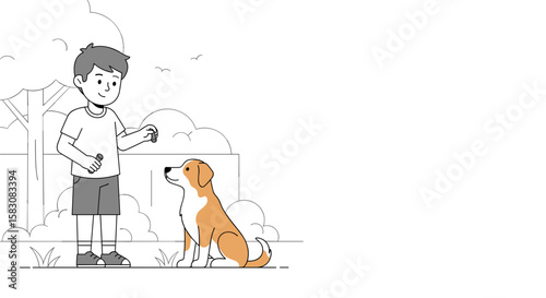 Boy training dog with treat outdoors in simple illustration