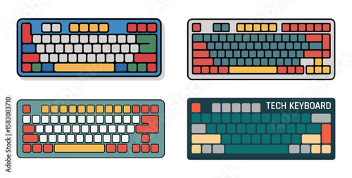 Collection of four colorful mechanical keyboards with different layouts