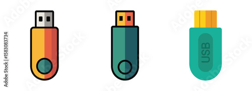 Three colorful flat design usb flash drives on a white background