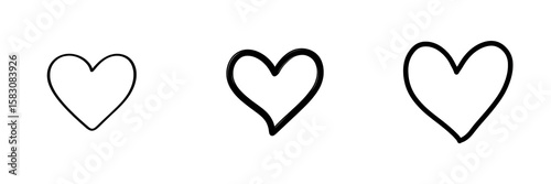Three hearts in various hand-drawn styles isolated on transparent background