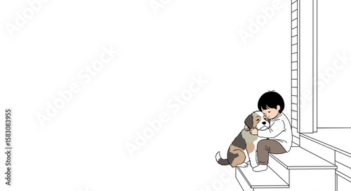 Boy hugging dog on porch steps in simple cute illustration