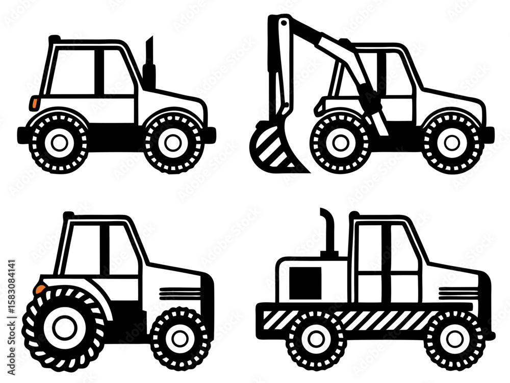 Naklejka premium Collection of four stylized black and white construction and farm vehicle icons