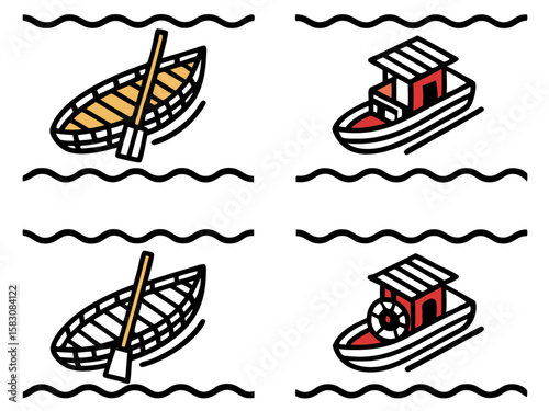 Stylized boats rowing and steaming on wavy waters
