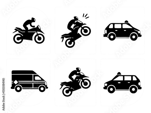 Collection of motorcycle and vehicle icons for traffic and transportation
