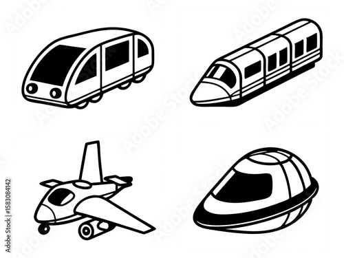 Collection of stylized black and white transportation icons including trains and an airplane
