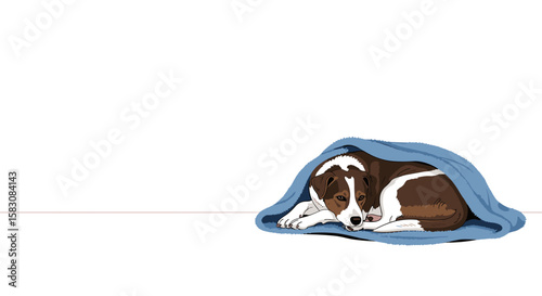 Dog resting under blue blanket in cozy colorful illustration
