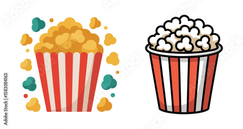 Two striped buckets filled with popcorn and popcorn kernels scattered around