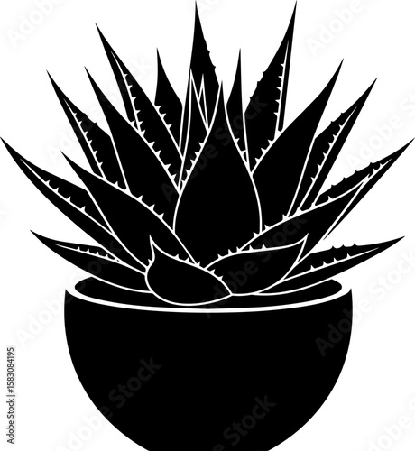 Black silhouette of a potted aloe vera plant with spiky leaves isolated on transparent background