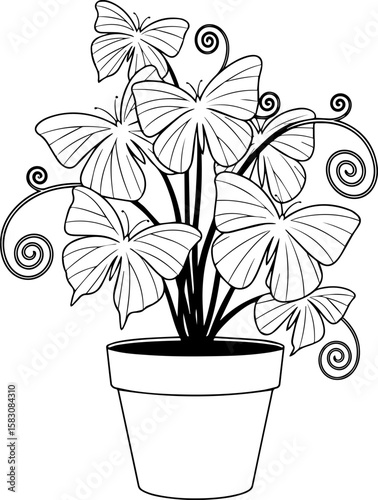 Stylized butterfly plant with swirling vines in a pot silhouette isolated on transparent background