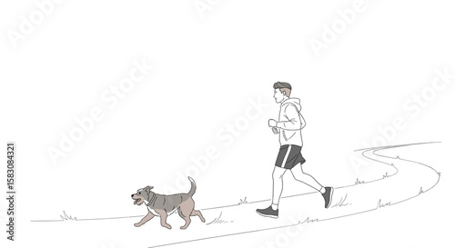Man jogging with dog on trail in simple color illustration