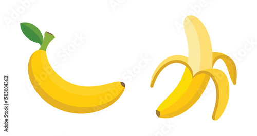 Two yellow bananas one whole and one peeled open