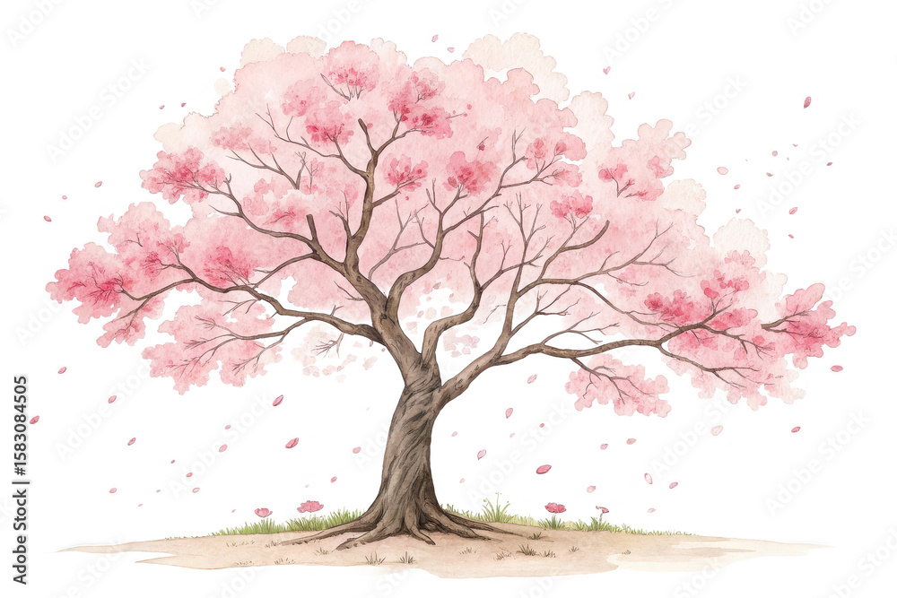 Fototapeta premium Graceful cherry blossom tree in full bloom with watercolor texture shows delicate pink flowers and falling petals on transparent background.