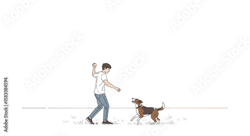 Young man playing fetch with dog outdoors in simple illustration