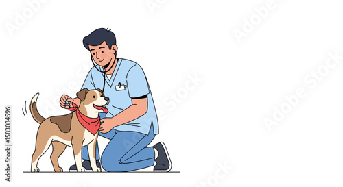 Veterinarian examining happy dog in colorful illustration