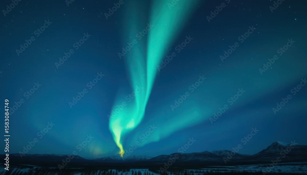 Naklejka premium Stunning Green Aurora Borealis Dancing in the Night Sky Over Mountains