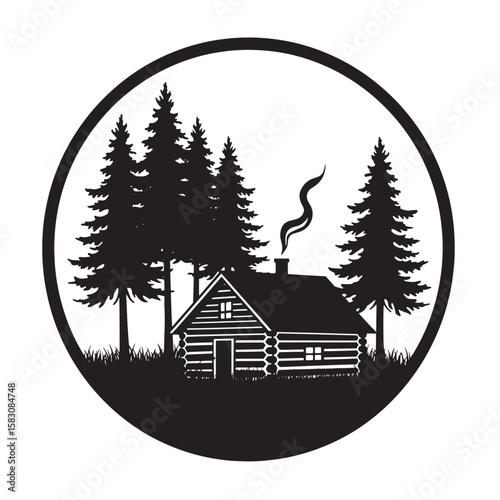 Black and white illustration of a cabin in the woods surrounded by pine trees and nature