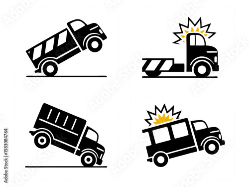 Illustrations of trucks in various accident scenarios and unstable positions