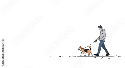Man walking dog on leash in simple colorful illustration