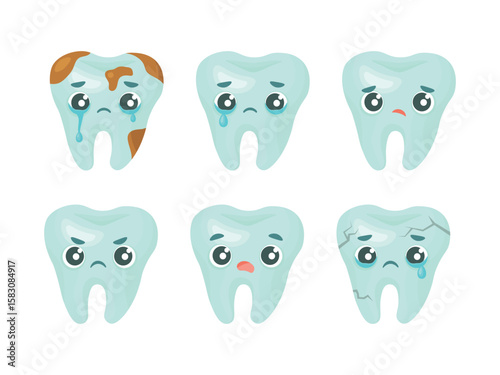 Set of cute cartoon tooth characters with negative emotions. Sad, painful and worried tooth mascots with a crying, decayed tooth. Dental health problems illustration