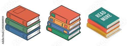 Three stacks of colorful books with one stack featuring the words read more