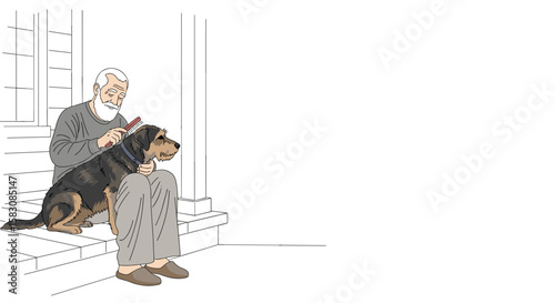 Elderly man brushing dog on porch in warm colorful illustration