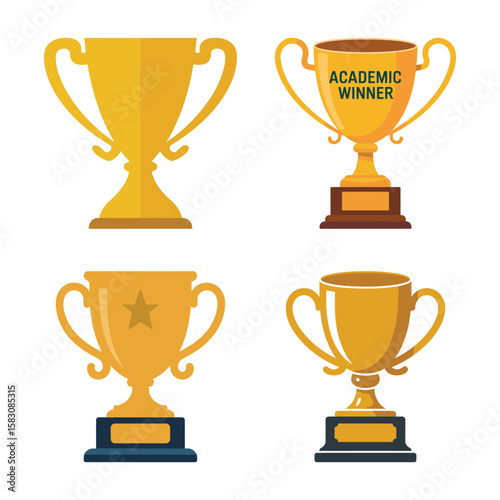 Collection of four golden trophies representing achievement and victory in various competitions