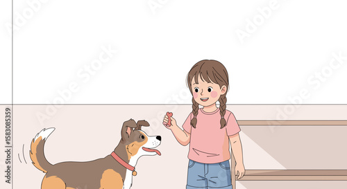  Little girl giving treat to happy dog in cute colorful illustration