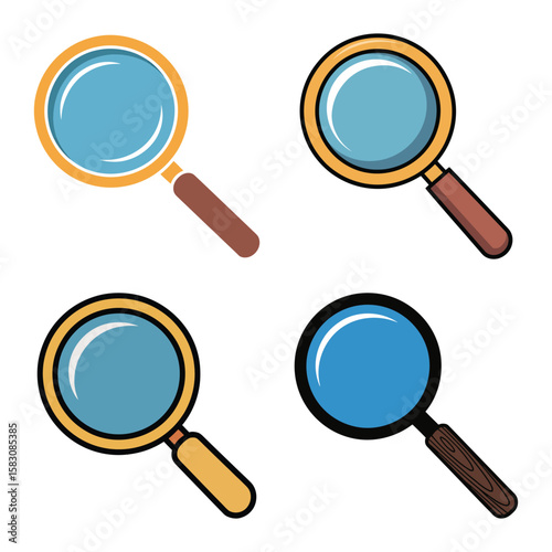 Collection of four stylized magnifying glasses with blue lenses and brown handles