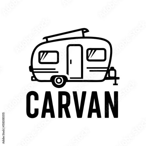 Retro Caravan Logo Design, Classic Travel Trailer With Curved Roof, Black Line Art
