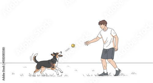 Man playing fetch with dog outdoors in simple color illustration