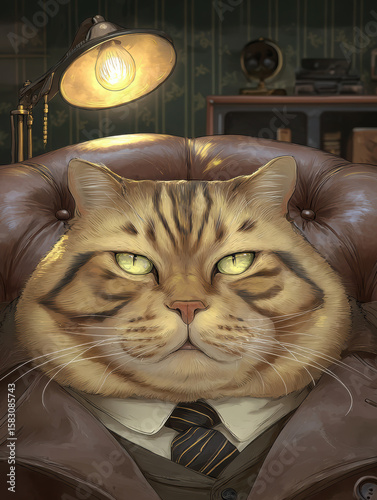 Digital painting of tabby cat in suit, exuding confidence and charm. cat sits in plush armchair, illuminated by warm lamp, creating cozy atmosphere
