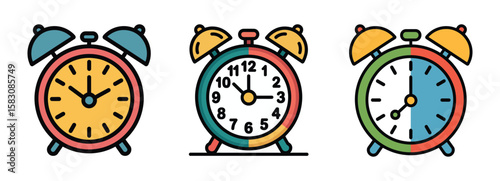 Three colorful alarm clocks showing different times on a white background